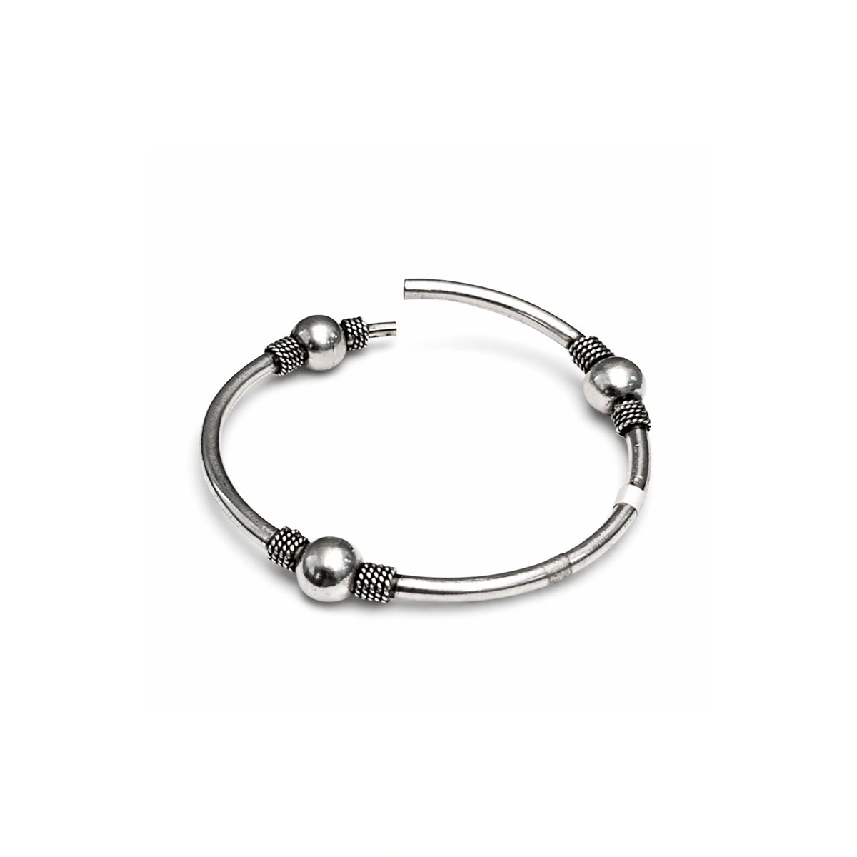 925 Sterling Silver Beaded Open Bangle Bracelet with Oxidized Spacer Detailing