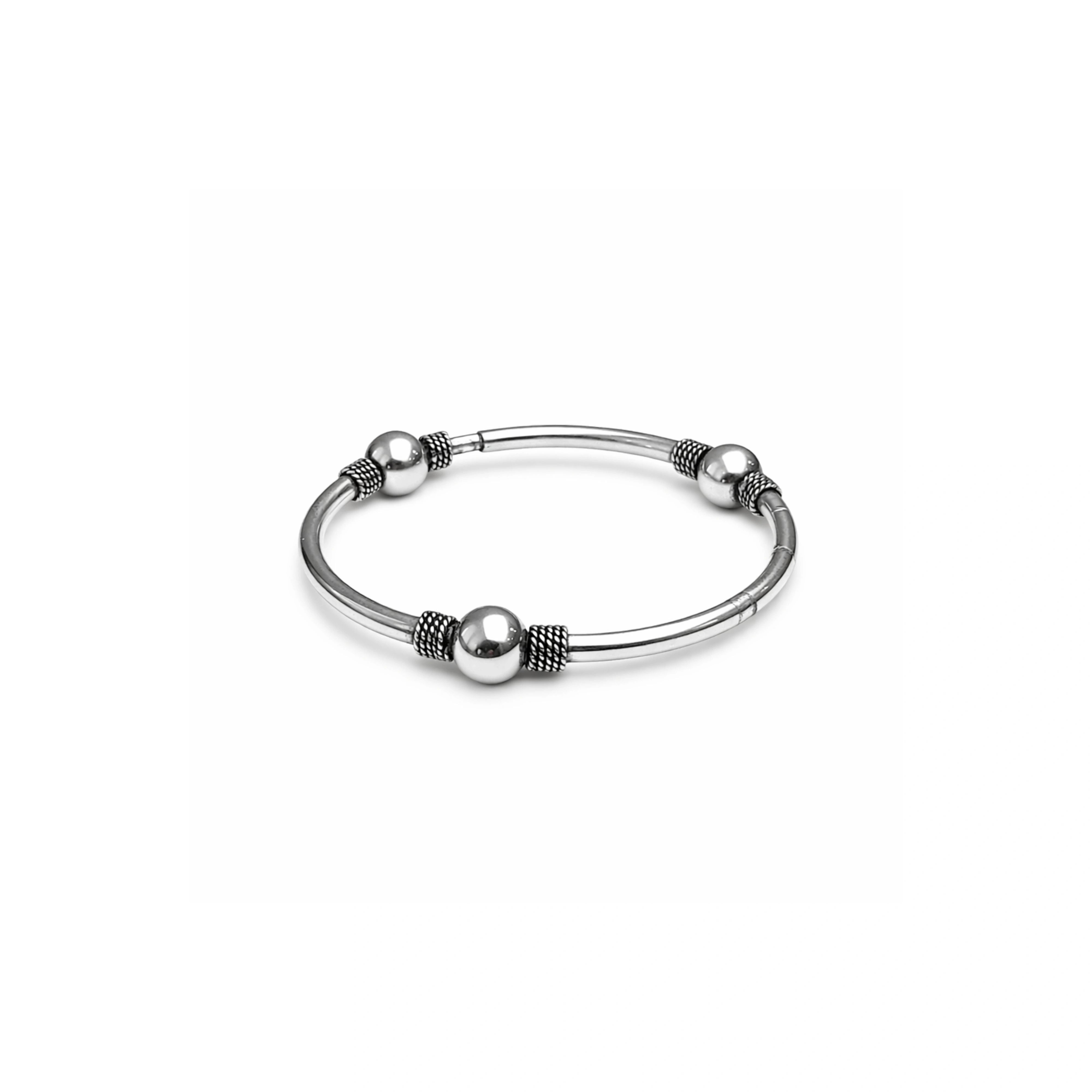 925 Sterling Silver Beaded Open Bangle Bracelet with Oxidized Spacer Detailing