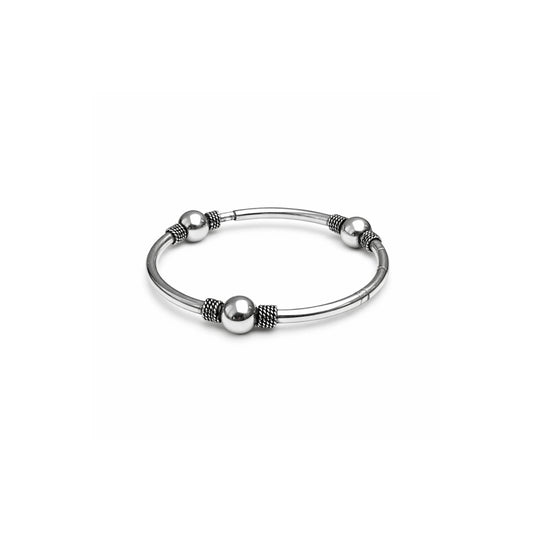 925 Sterling Silver Beaded Open Bangle Bracelet with Oxidized Spacer Detailing