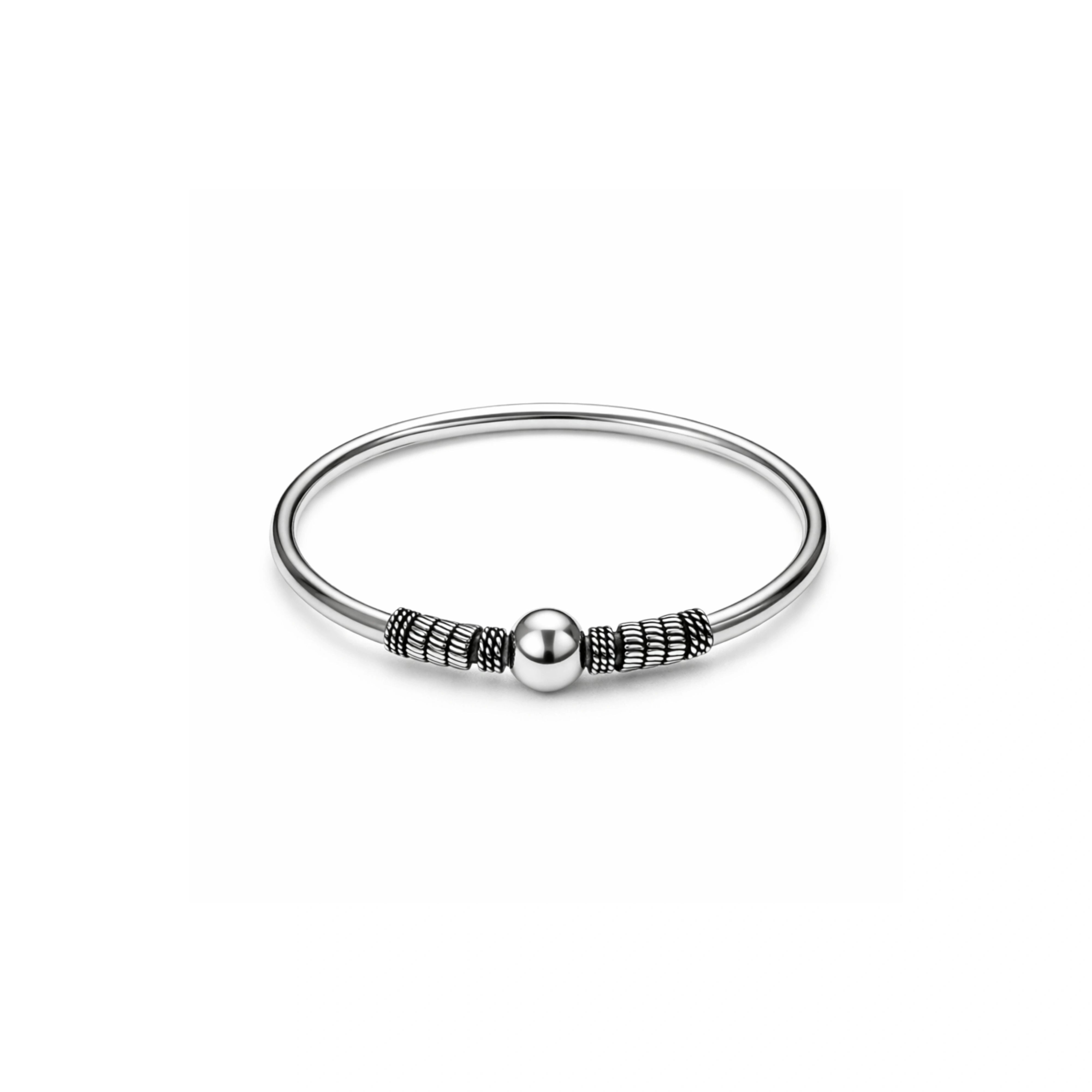 925 Sterling Silver Beaded Bangle Bracelet with Oxidized Detailing for Women