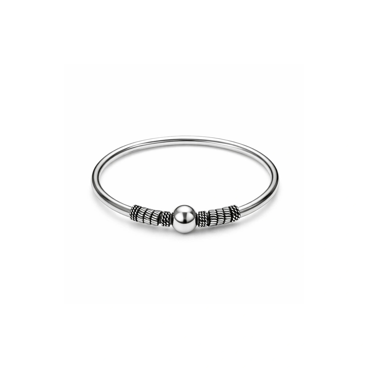 925 Sterling Silver Beaded Bangle Bracelet with Oxidized Detailing for Women