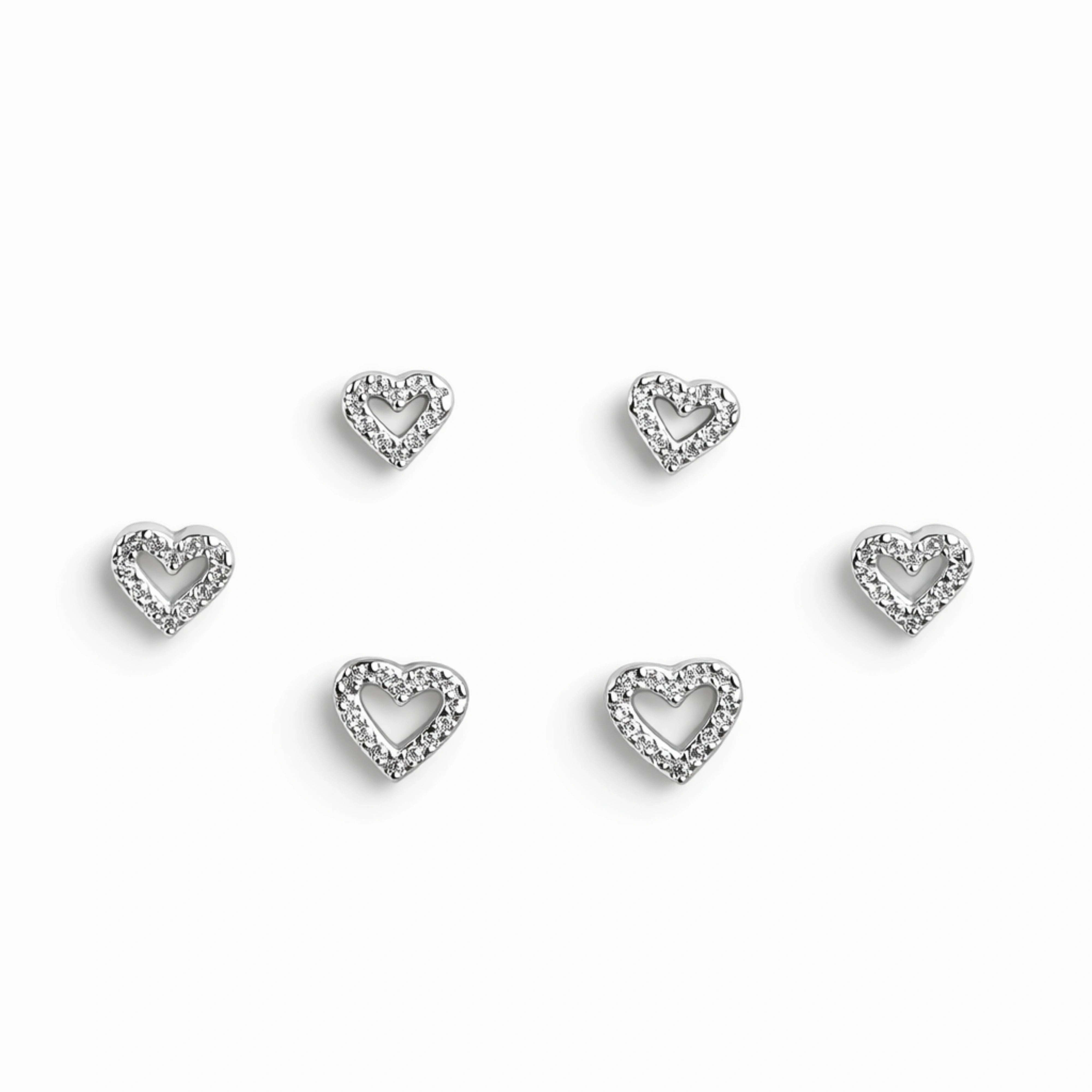 925 Sterling Silver Heart Outline Stud Earrings Set | 3 Pair CZ Open Heart Studs