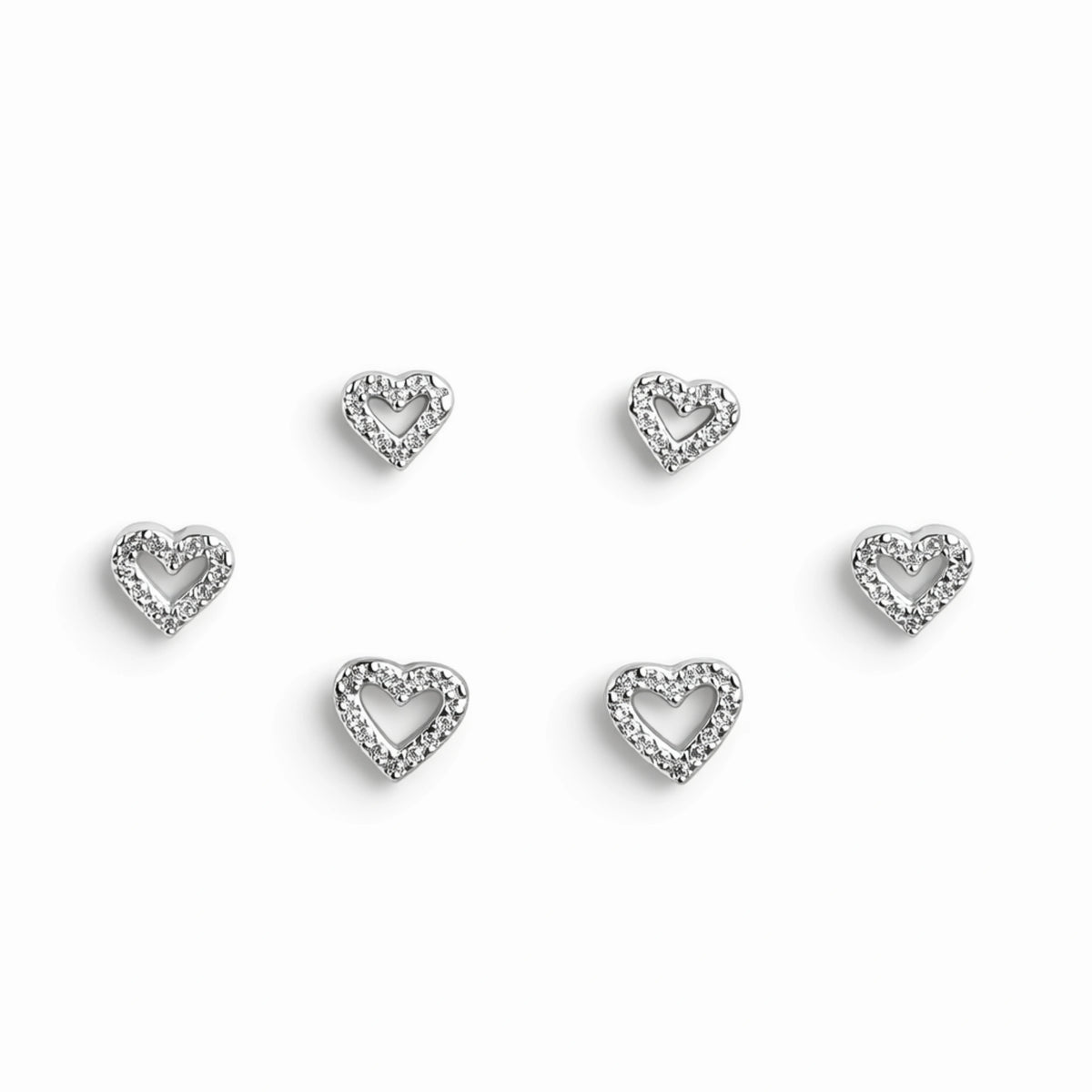 925 Sterling Silver Heart Outline Stud Earrings Set | 3 Pair CZ Open Heart Studs