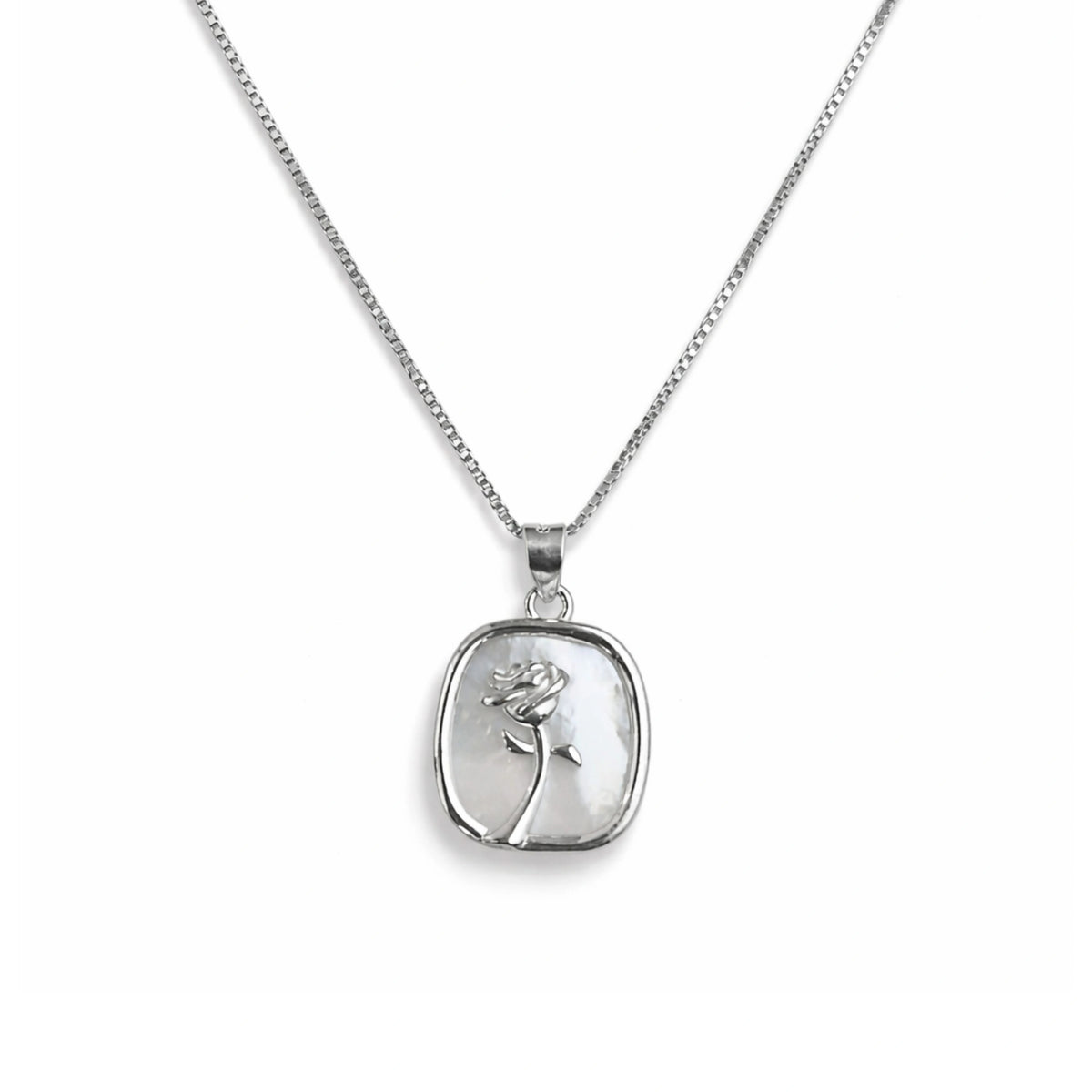 925 Silver Rose Engraved Square Pendant Necklace