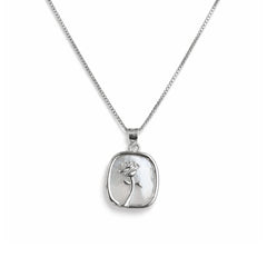 925 Silver Rose Engraved Square Pendant Necklace